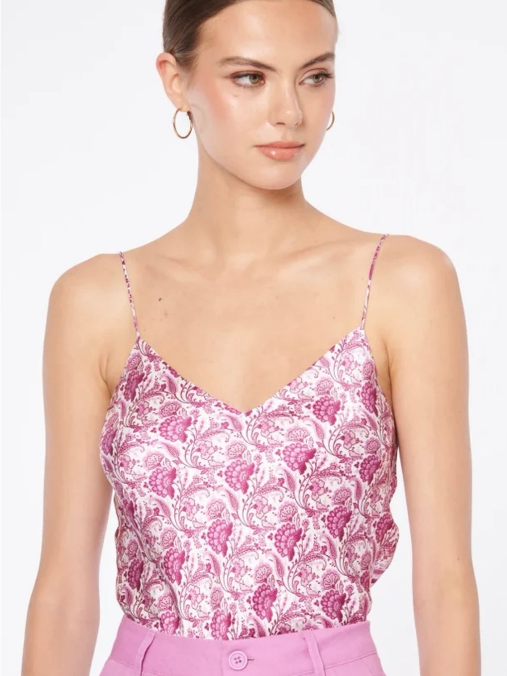 Cami New York Silk  Floral V-Neck Spaghetti Strap Tank - Plum/White